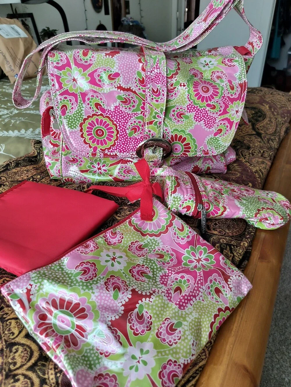 Kalencom Laminated Buckle Diaper Bag Set - Gypsy Paisley Cotton Candy NWOT 2012